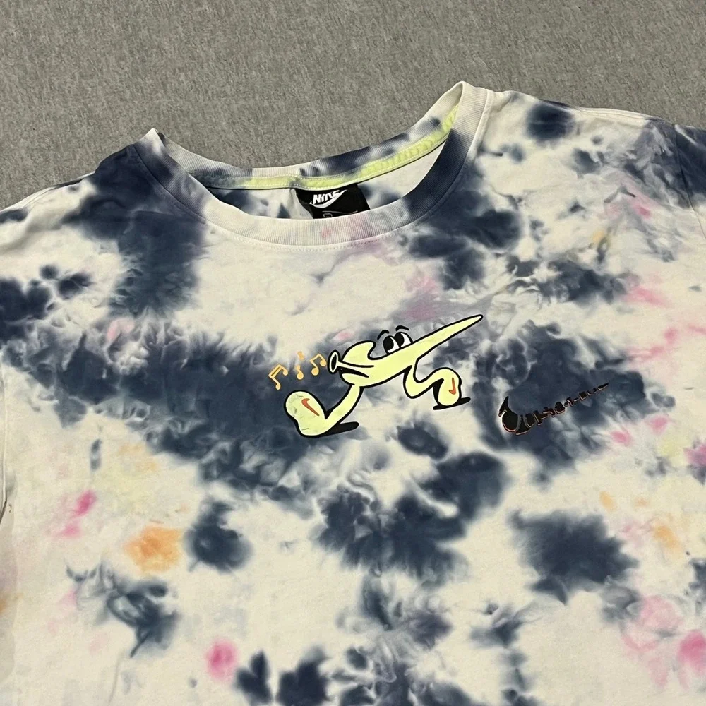 Nike Mens XL Tie Dye Graphic T-Shirt Blue Pink Yellow Just Do It Cartoon Swoosh